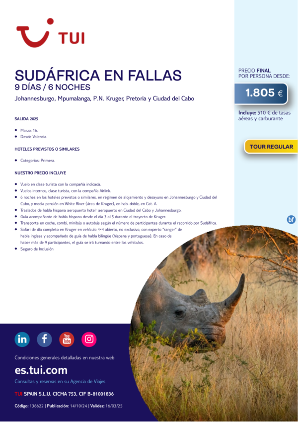 Sudfrica en Fallas. 9 das / 6 noches. Tour Regular. Salida 16 marzo desde Valencia desde 1.805 € 