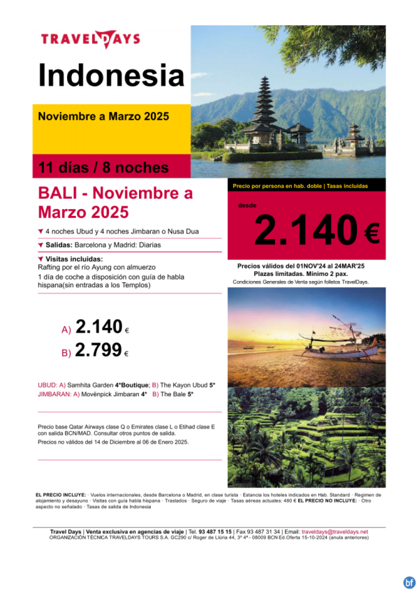 BALI - 11 das con estancias en Ubud y Jimbaran desde BCN/MAD a partir de 2.140 € 