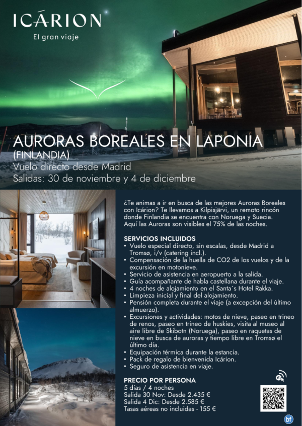 Auroras Boreales en Laponia. Vuelo directo desde Madrid. 30 noviembre y 4 diciembre