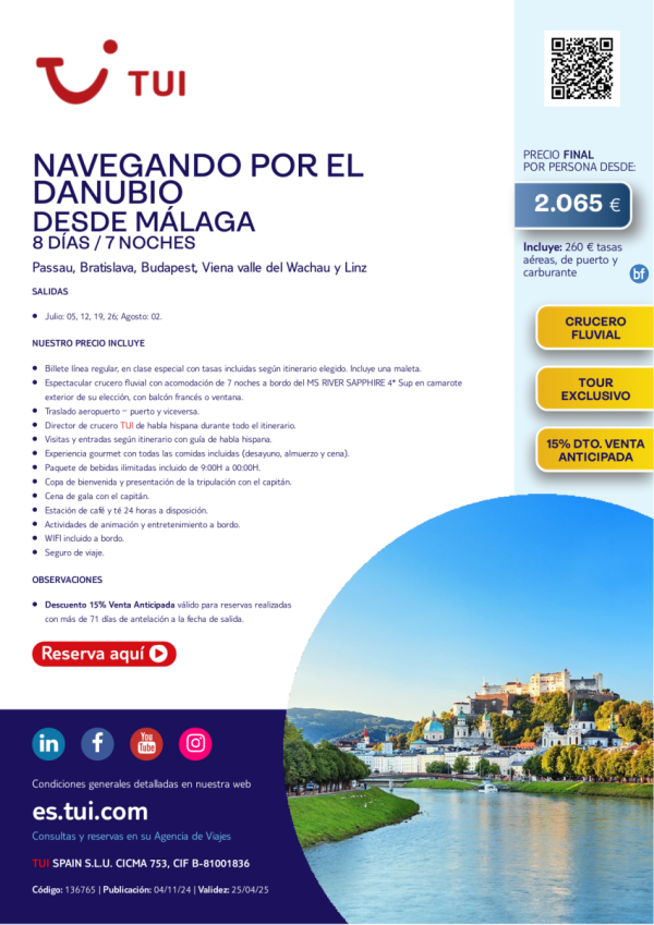 Crucero Fluvial. Navegando por el Danubio. 8 d / 7 n. 15% Dto VA. Desde Mlaga desde 2.065 € 