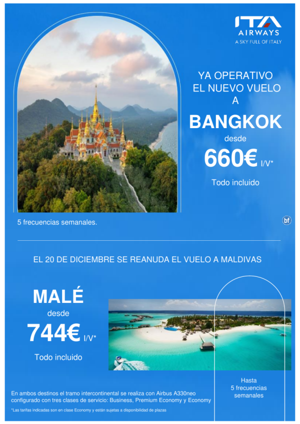 Recien estrenado el vuelo a Bangkok de ITA Airways y prximamente Maldivas