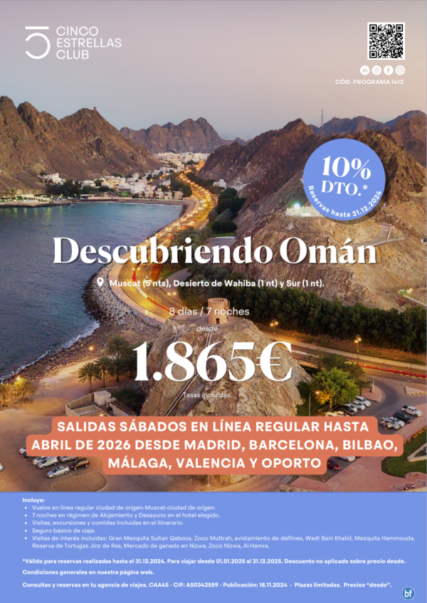 10%Dto. -Omn dsd 1.865 Descubriendo Omn 8d/7n sal.L.R. dsd Mad,Bcn,Bio, Agp, Vlc, Opo sal. hasta abril\'26.