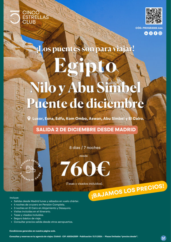 Pte Diciembre. Egipto desde 760 € (tasa y visado) 8d/7n salida 2 dic desde Madrid. Precios ms bajos