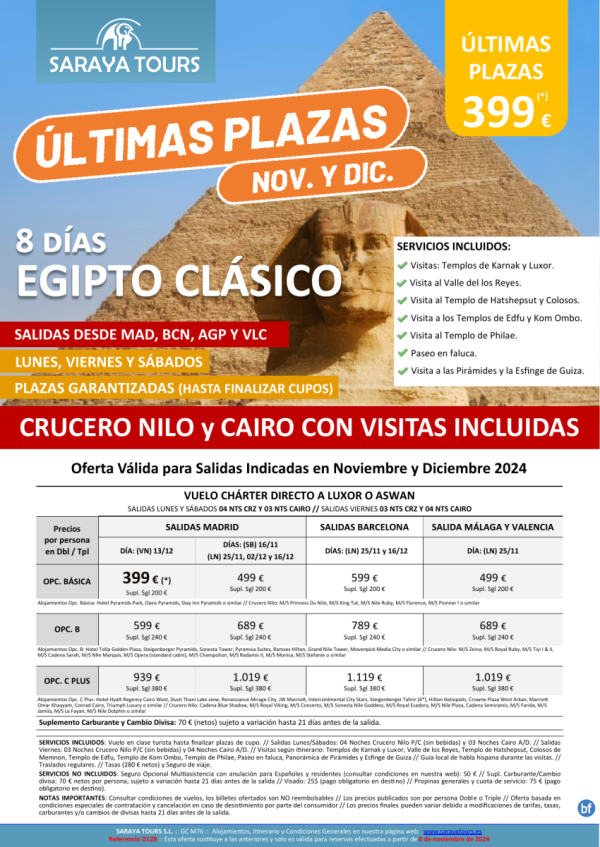 ltimas Plazas: Egipto Clsico 8d *Vlo Lxr o Asw* Crz y Cairo con Visitas Incluidas. Plazas Limitadas dsd 399 € 