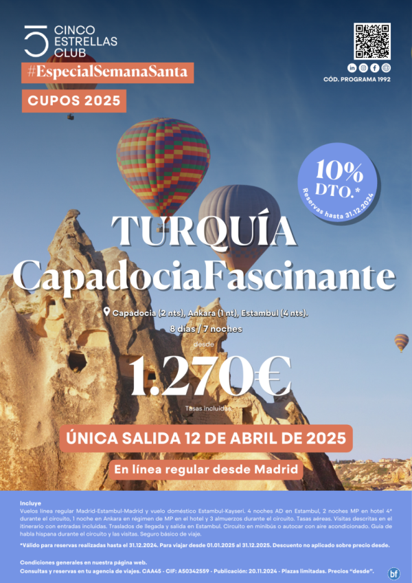 10% dto. reserv hasta 31.12.24. S.STA Capadocia Fascinante dsd 1.270 8d/7n Unica salida 12 abril dsd Madrid