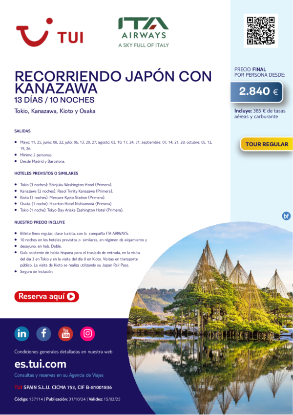 Recorriendo Japn con Kanazawa. 13 das / 10 noches. Vuelos con ITA Airways. Desde MAD y BCN desde 2.840 € 