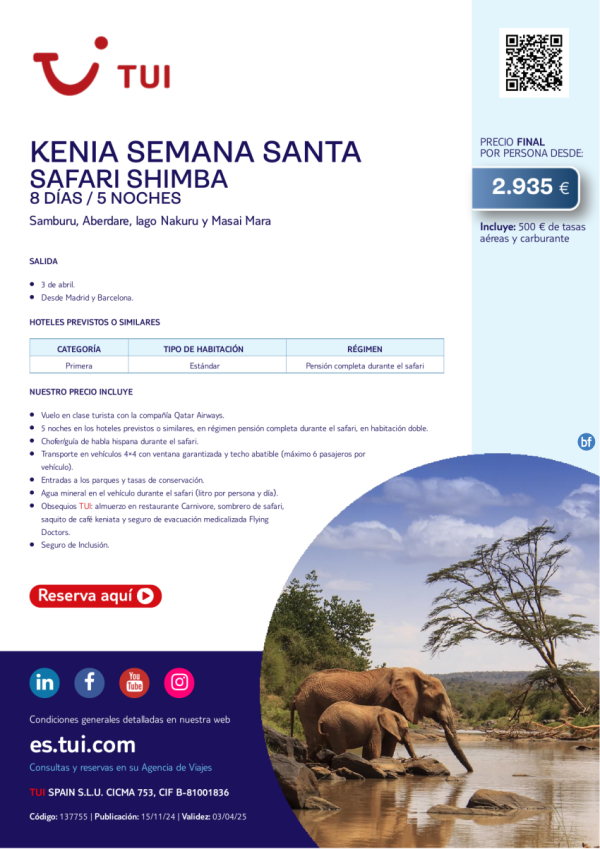 Kenia. Semana Santa. 8 das / 5 noches. 03 ABR desde MAD y BCN desde 2.935 € 