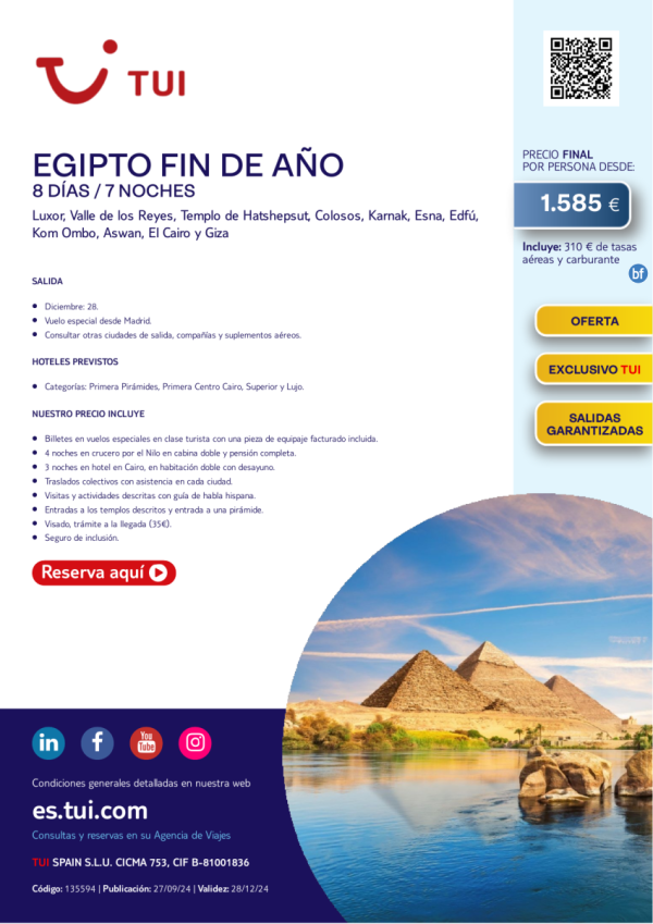 Egipto. Fin de Ao. 8 d / 7 n. Exclusivo TUI. Salida Garantizada 28 DIC desde MAD desde 1.585 € 