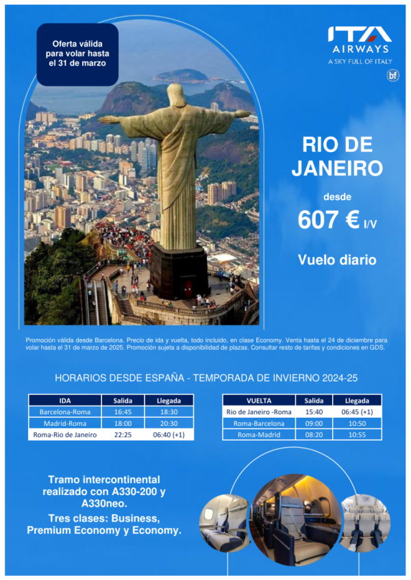 ITA Airways te ofrece una promocin especial desde Barcelona a Rio de Janeiro desde 607 € I/V.