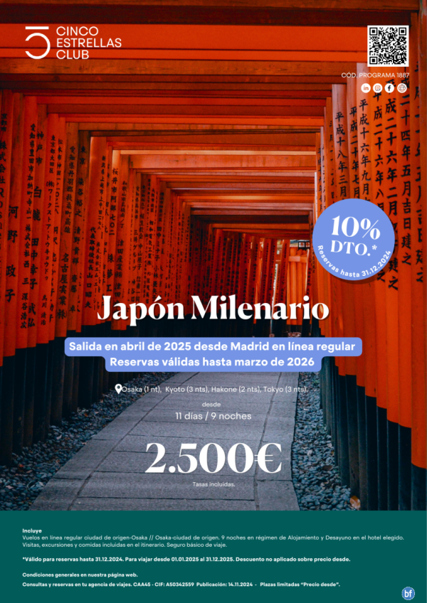 10% dto. reservas hasta 31.12.24. Japn Milenario dsd 2.500 11d/9n sal abril\'25 hasta marzo\'26 dsd Madrid