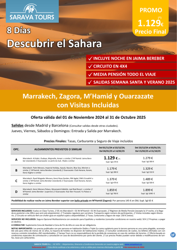 Descubrir el Sahara 4x4 8 das: Rak, Zagora y Ouarzazate con visitas y Noche en Jaima Incl. hasta Oct25