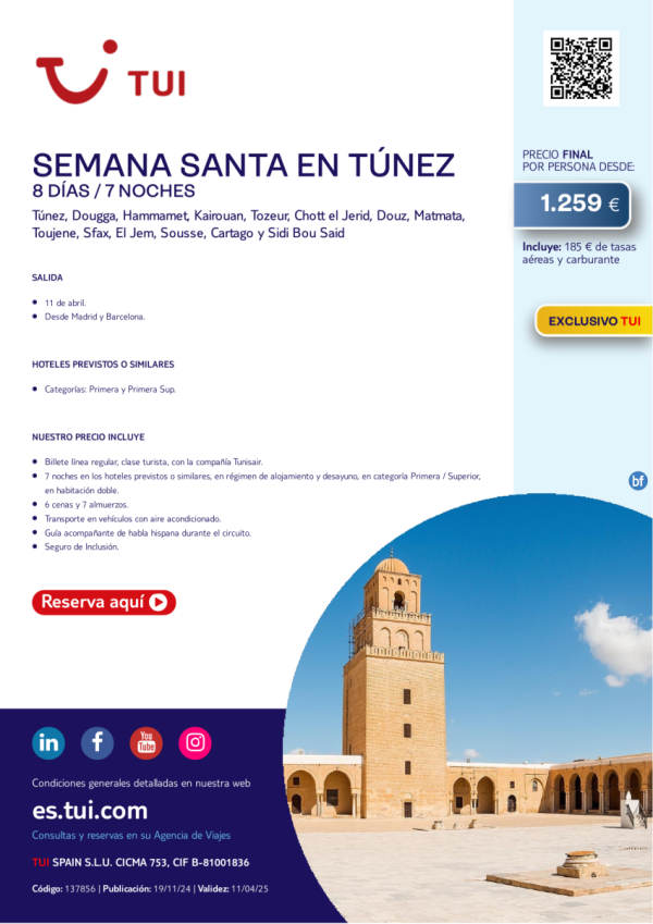 Semana Santa en Tnez. 8 das / 7 noches. Exclusivo TUI. 11 abril desde MAD y BCN desde 1.259 € 