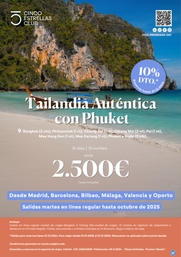 10% dto. reservas hasta 31.12.24. Tailad Autentica y Phuket  dsd 2.500 15d/12n sal.martes oct\'2025