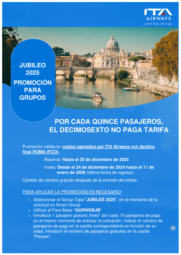 Promocon de ITA Airways para grupos del Jubileo 2025