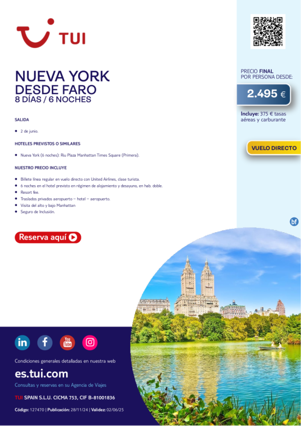 Nueva York. 8 das / 6 noches. 02 JUN vuelo directo desde Faro desde 2.495 € 