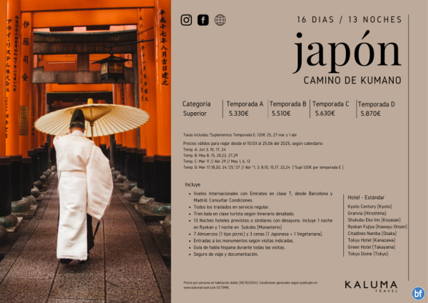 Japn Camino de Kumano 16 das / 13 noches - Salidas desde Marzo 2025 desde 5.330 € 