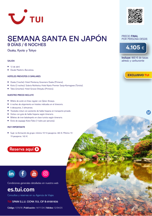 Semana Santa en Japn. 9 das / 6 noches. Exclusivo TUI. 12 abril desde MAD o BCN desde 4.105 € 