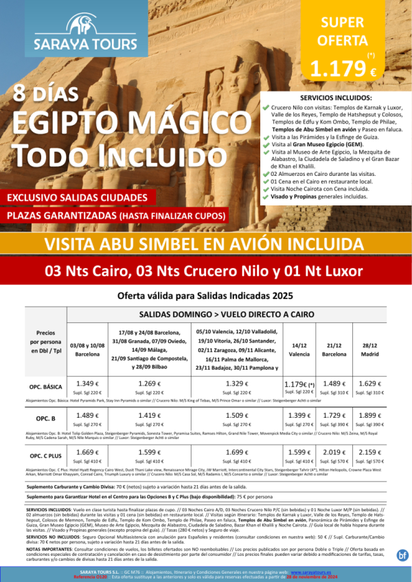 *Exclusivo*Egipto Mgico Todo Incluido 8d:Especial Ciudades -Abu Simbel avin-Visitas, propinas y visado incl.