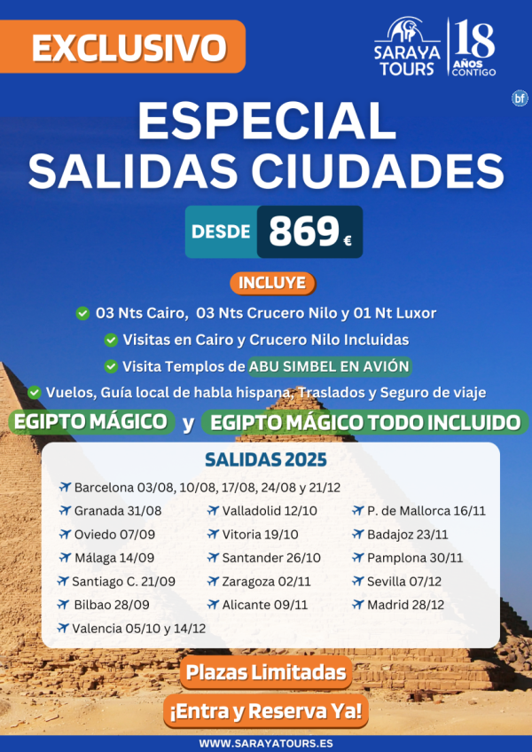  Exclusivo !! Especial Egipto Mgico 2025 *Abu Simbel en avin incl. *Salidas desde 17 ciudades espaolas.