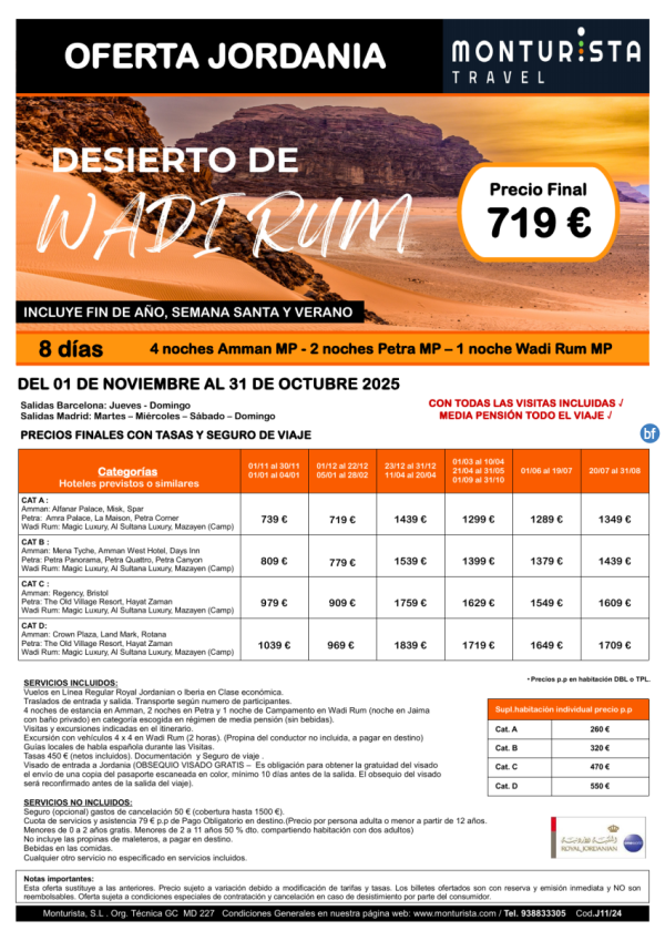 JORDANIA- Desierto de Wadi Rum**desde 719 € - 8 das 4n Amman mp - 2n Petra mp -1n Wadi Rum mp con visitas inclu