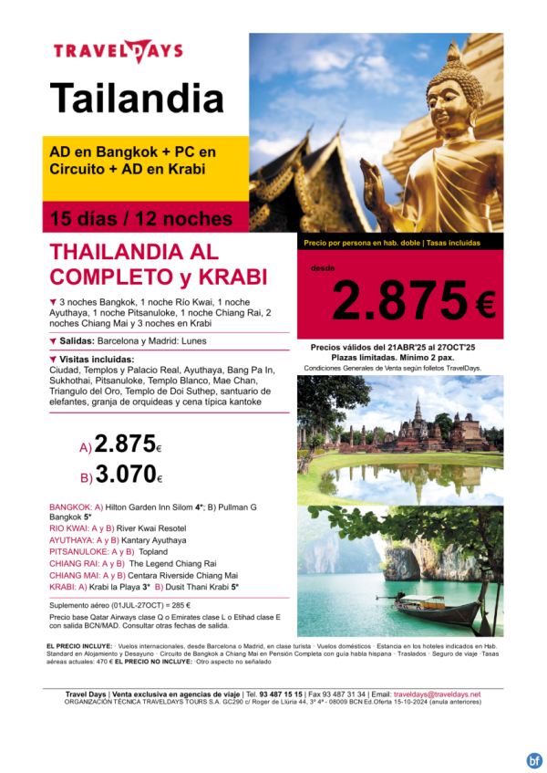 Thailandia al completo con Krabi 15 das desde BCN /MAD a partir de 2.875 € 