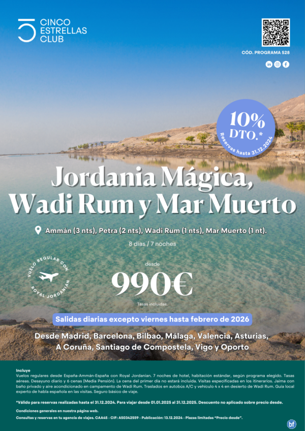 10% dto. hasta 31.12.24. Jordnia Mgica,Wadi Rum y Mar Muerto dsd 990 € 8 d/7n sal.Mad,Bcn,Bio,Vlc,Agp,OVd, ..