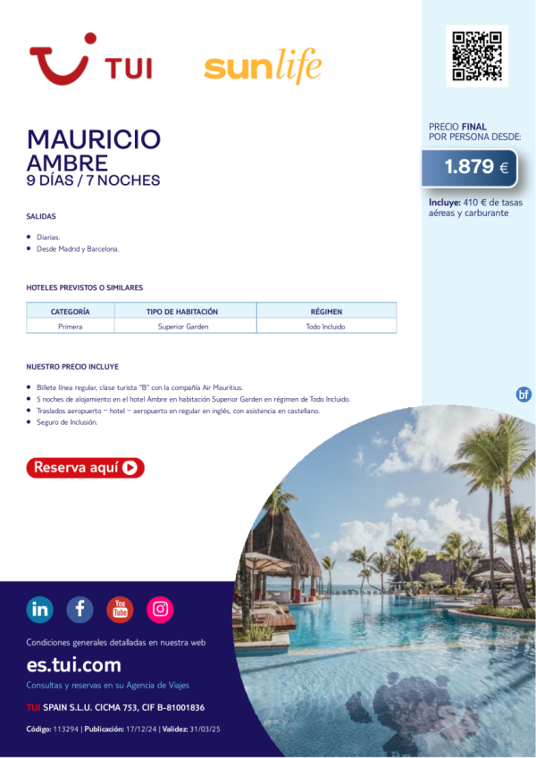 Isla Mauricio. Hotel Ambre. Categora Pimera. 9 das / 7 noches. Salidas diarias desde MAD y BCN desde 1.879 € 