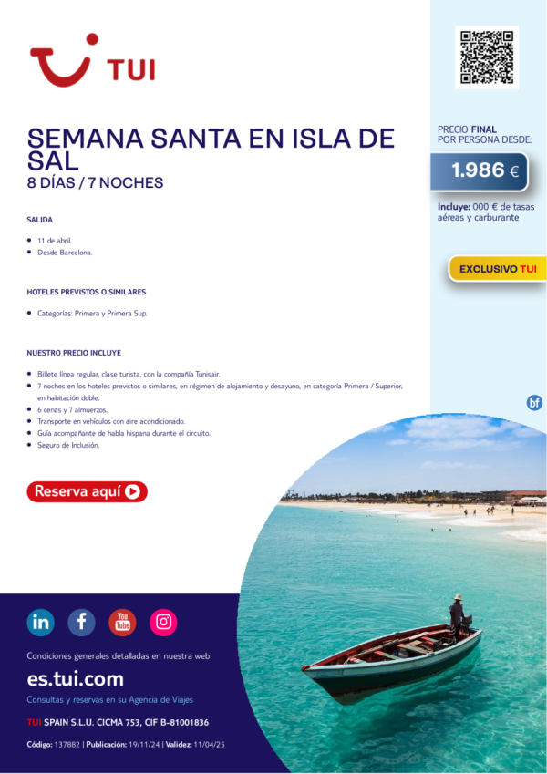 Semaa Santa en Isla de Sal. 8 das / 7 noches. Exclusivo TUI. Salida 11 ABR desde BCN desde 1.986 € 