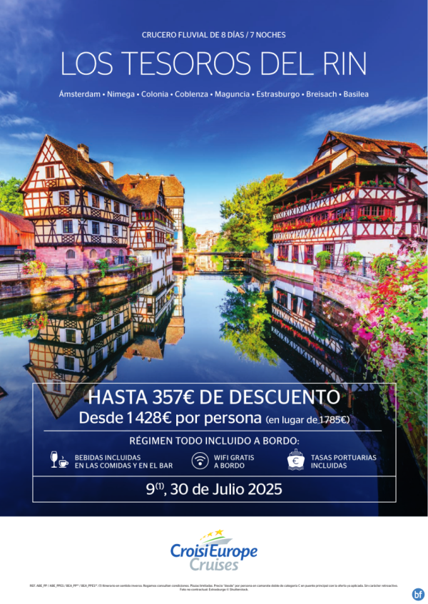 Hasta 357 € DESCUENTO - crucero fluvial Los Tesoros del Rin - 8 das - rgimen Todo Incluido - 9 y 30 julio