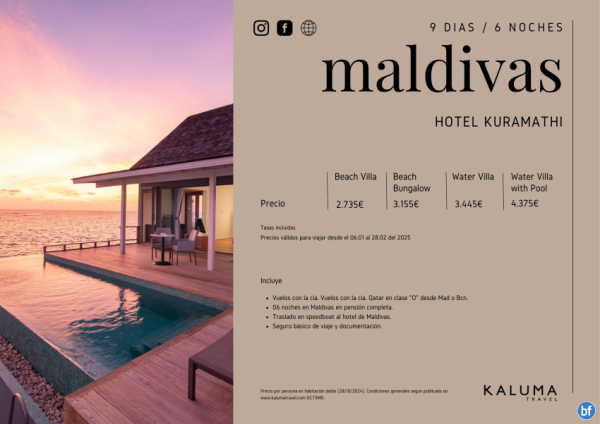 Asombrosa Maldivas Hotel Kuramathi 6 noches en *Pensin Completa* hasta Julio desde 2.105 € 