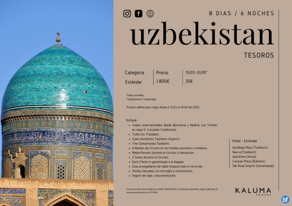 Tesoros de Uzbekistan 8 Das / 6 Noches + *Early Check-in garantizado* hasta Junio desde 1.800 € 