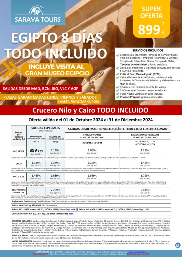 Egipto Todo Incluido 8d. Vuelo Lxr o Asw . Crz y Cai con visitas, propinas y visados hasta Sept.25 dsd 909 € 