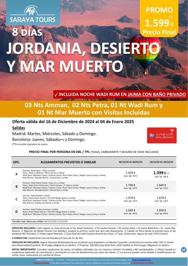 Promo! Jordania, Desierto y M.Muerto 8 das: Amman, Petra, Wadi Rum, M.Muerto con Visitas hasta Feb 26