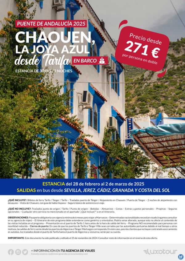 Puente de Andaluca 2025 - Chaouen, la joya azul en barco desde Tarifa 3 das / 2 noches