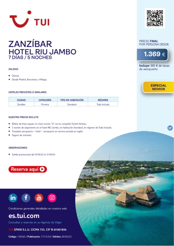 Zanzbar. Hotel Riu Jambo. Cat. Primera. 7 das / 5 noches. Salidas diarias desde Mad, Bcn y Agp desde 1.369 € 