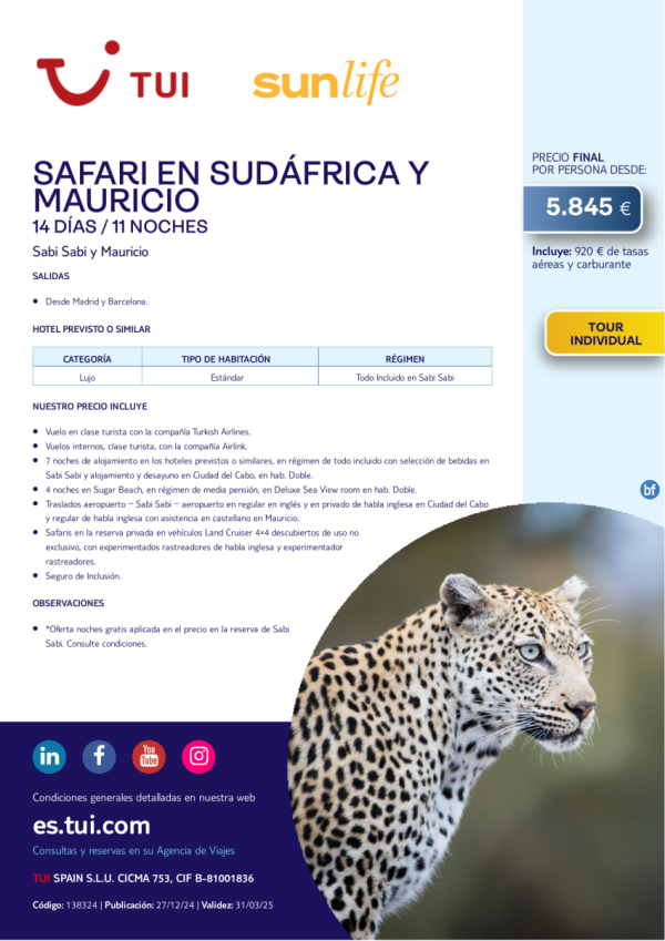 Safari en Sudfrica y Mauricio. 14 das / 11 noches. Tour Individual. Salidas desde MAD y BCN desde 5.845 € 