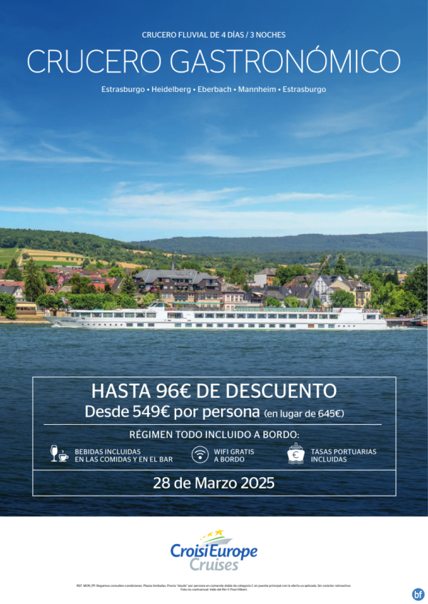 Hasta 96 € DESCUENTO - crucero fluvial gastronmico por el Rin - 4 das - rgimen Todo Incluido - 28/03