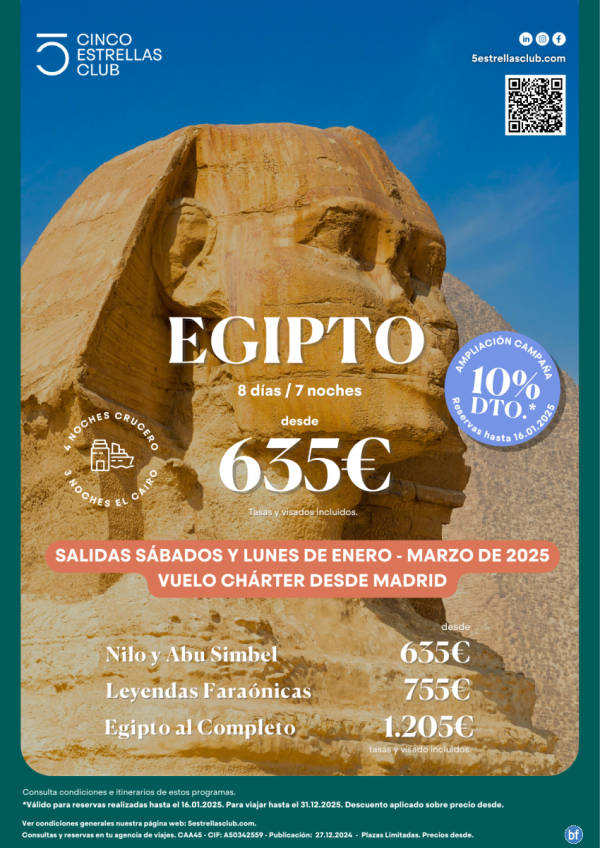 10% dto. reserv hasta 16.12.2025. Egipto sal. enero,febr.,marzo dsd 635 € Nilo y Abu Simbel 8d/7n dsd Madrid