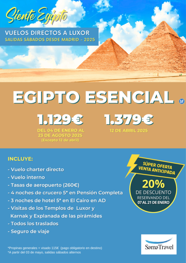 \-Egipto Esencial\- 8 das Crucero +Cairo +visitas [chrter MAD-LXR] Reservando del 07/01 al 21/01 - DTO 20%