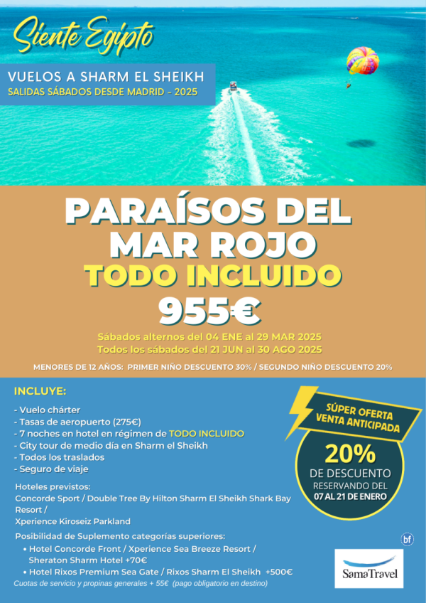 \-Sharm El Sheikh - Parasos del Mar Rojo\- 8 das TI 5* [Chrter] Reservando del 07/01 al 21/01 - DTO 20%