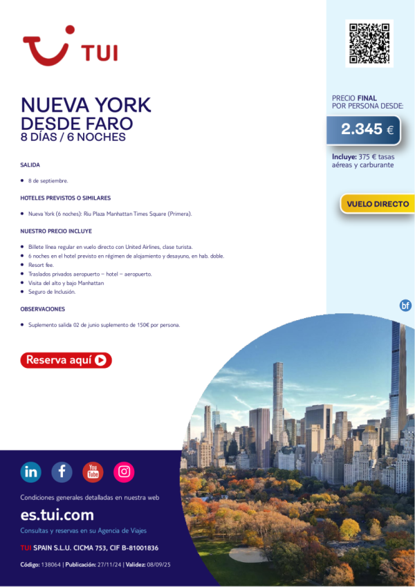 Nueva York. 8 das / 6 noches. Salida 08 SEP. Vuelo directo desde Faro desde 2.345 € 