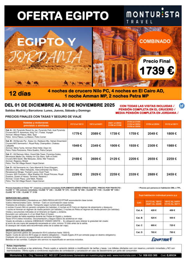 EGIPTO y JORDANIA**desde 1739 € -12 das 4n crucero pc+ 4n Cairo ad+ 1n amman mp +2n petra mp+ visitas incluidas