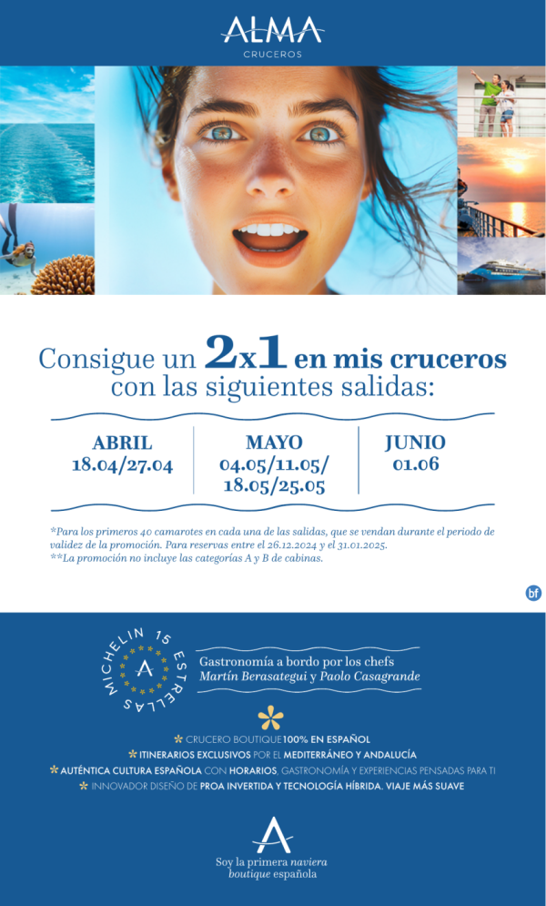 Gran Campaa de lanzamiento de Alma Cruceros. 2x1 en las primeras siete salidas. Plazas limitadas