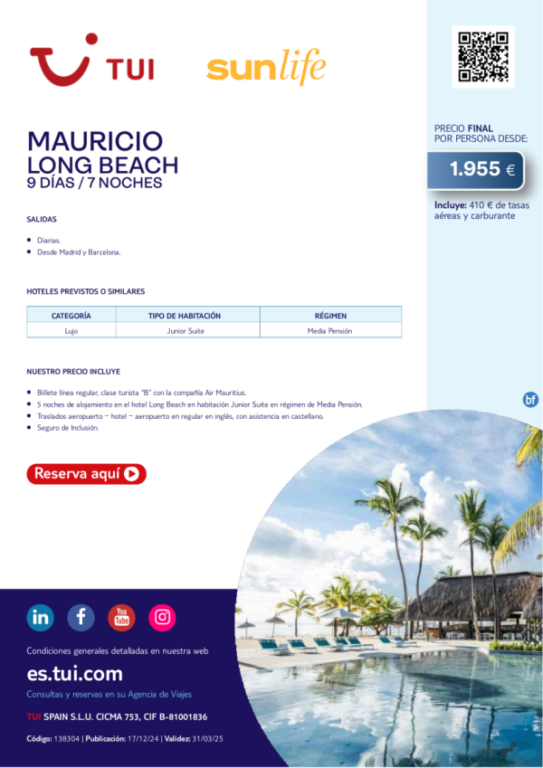 Mauricio. Hotel Long Beach. 9 das / 7 noches. Salidas diarias desde MAD y BCN desde 1.955 € 