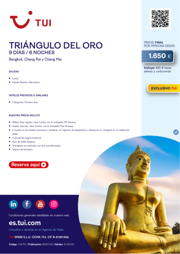 Tailandia. Tringulo del Oro. 9 das / 6 noches. Exclusivo TUI. Salidas desde MAD y BCN desde 1.650 € 