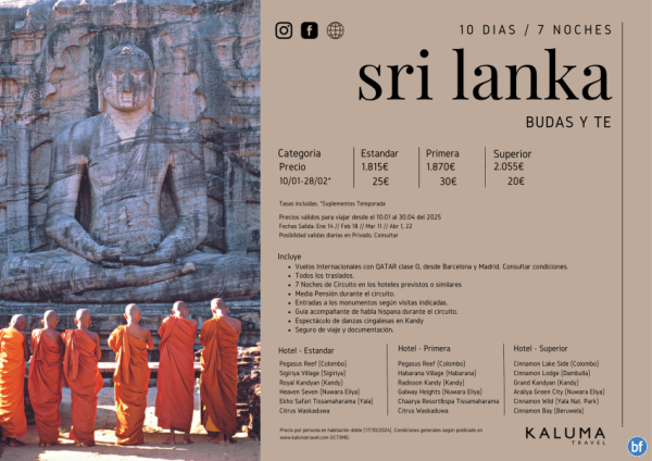 Sri Lanka Budas y T 10 Das / 7 Noches - Salidas Garantizadas hasta Octubre desde 1.755 € 