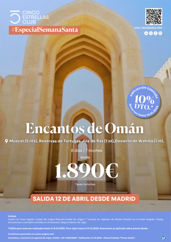 10% dto hsta 16.01.2025 Encantos Omn Especial Semana Santa dsd 1.890 € 8d/7n sal. 12.04.2025 dsd Madrid