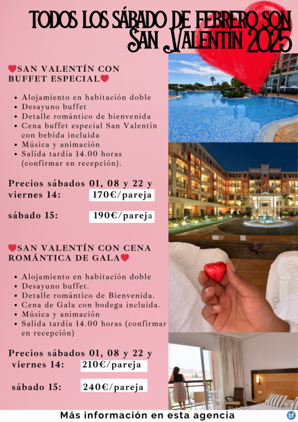 San Valentin en Hotel Bonalba Alicante. Todos los sbados de Febrero y el viernes 14