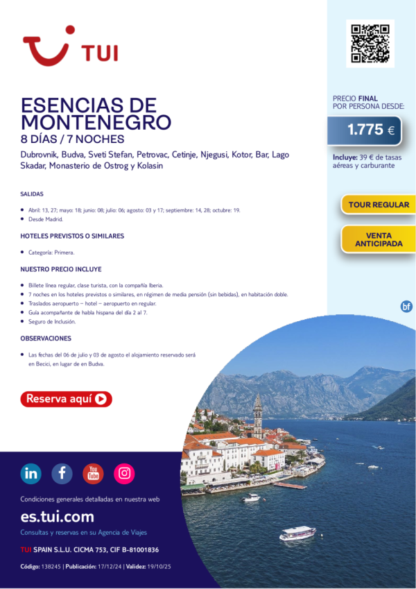 Esencias de Montenegro. 8 das / 7 noches. Tour Regular. Salidas desde MAD desde 1.775 € 