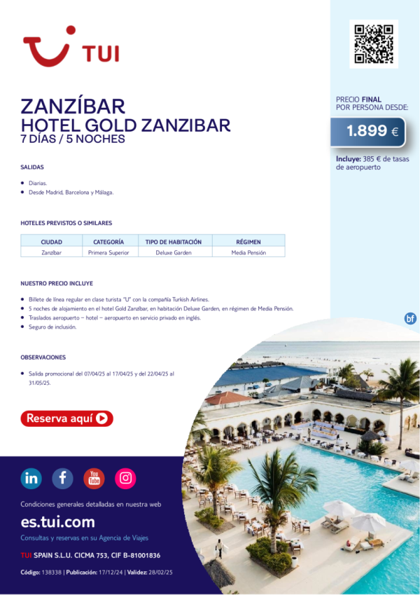 Estancia en Zanzbar. Hotel Gold Zanzbar. Primera Sup. 7 das / 5 noches. Salidas diarias desde 1.899 € 